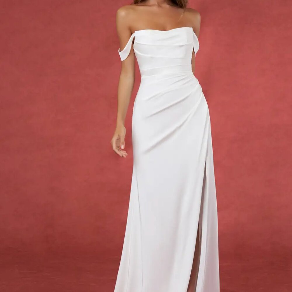 Azazie Moonlight Diamond White Mermaid Scoop Pleated Crepe Back Satin Dress